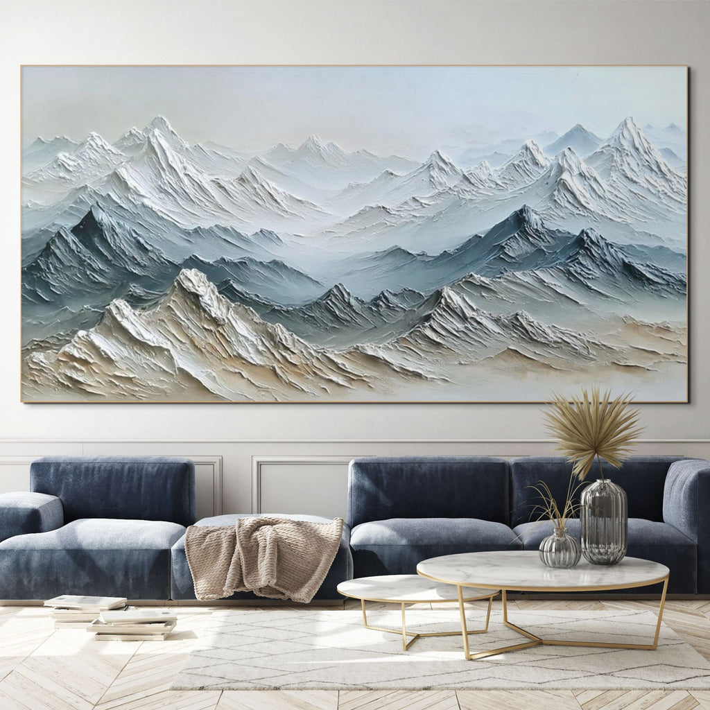 Eternal Summits: Textured Mountain Landscape with Misty Blues
