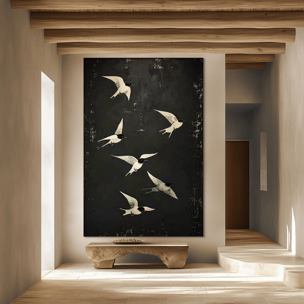 FLIGHT: Minimalist Birds in Motion Oil Painting Tranquil Balance