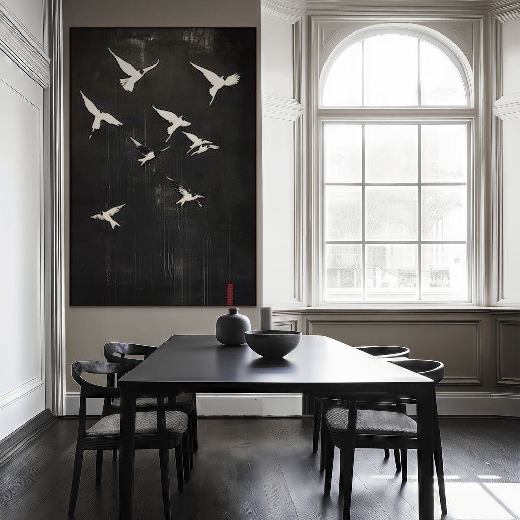 FLIGHT OF DREAMS: Minimalist Birds Silhouette Oil Painting Black Canvas