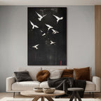 FLIGHT OF DREAMS: Minimalist Birds Silhouette Oil Painting Black Canvas