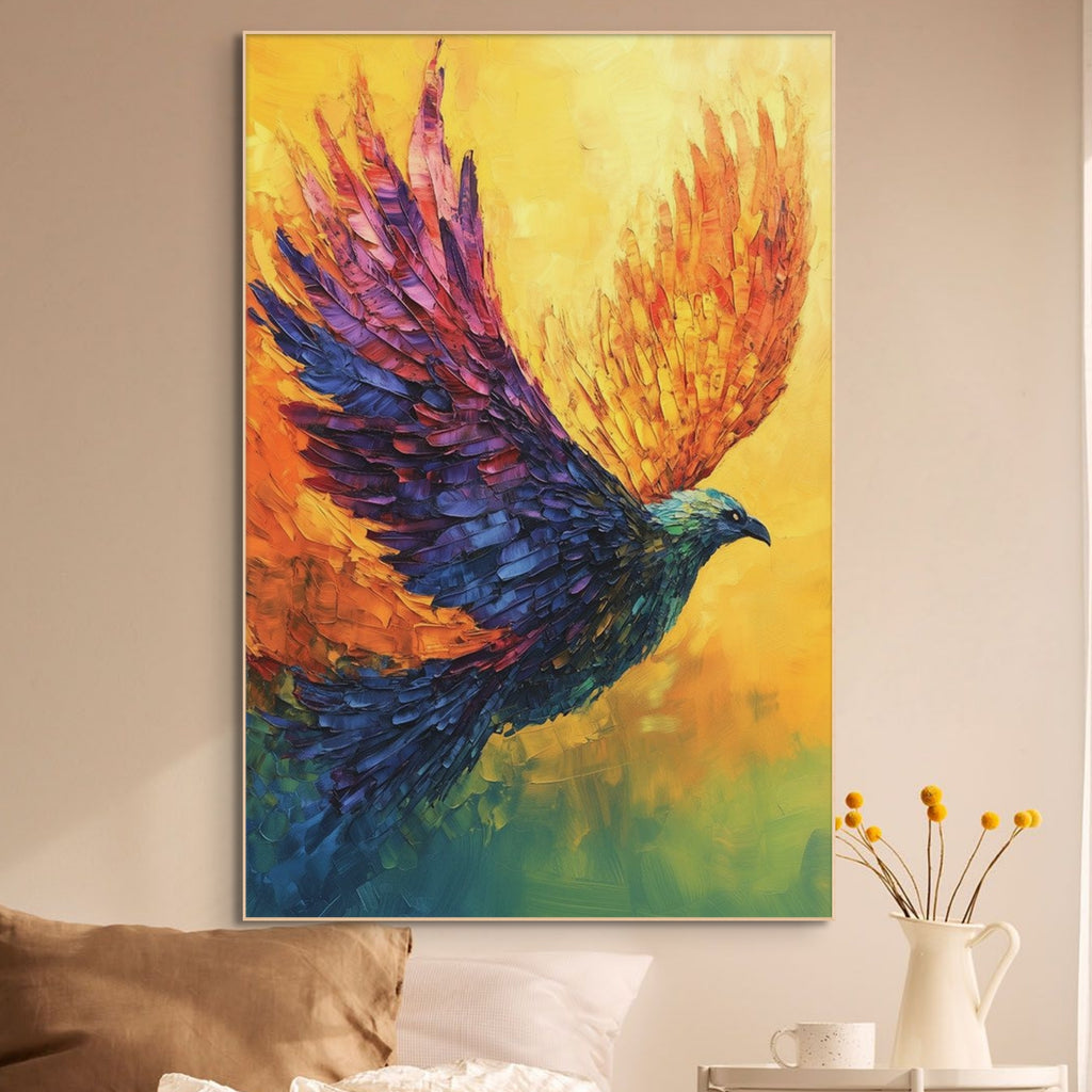 FLIGHT OF FANCY: Colorful Bird in Flight Painting with Textured Impasto