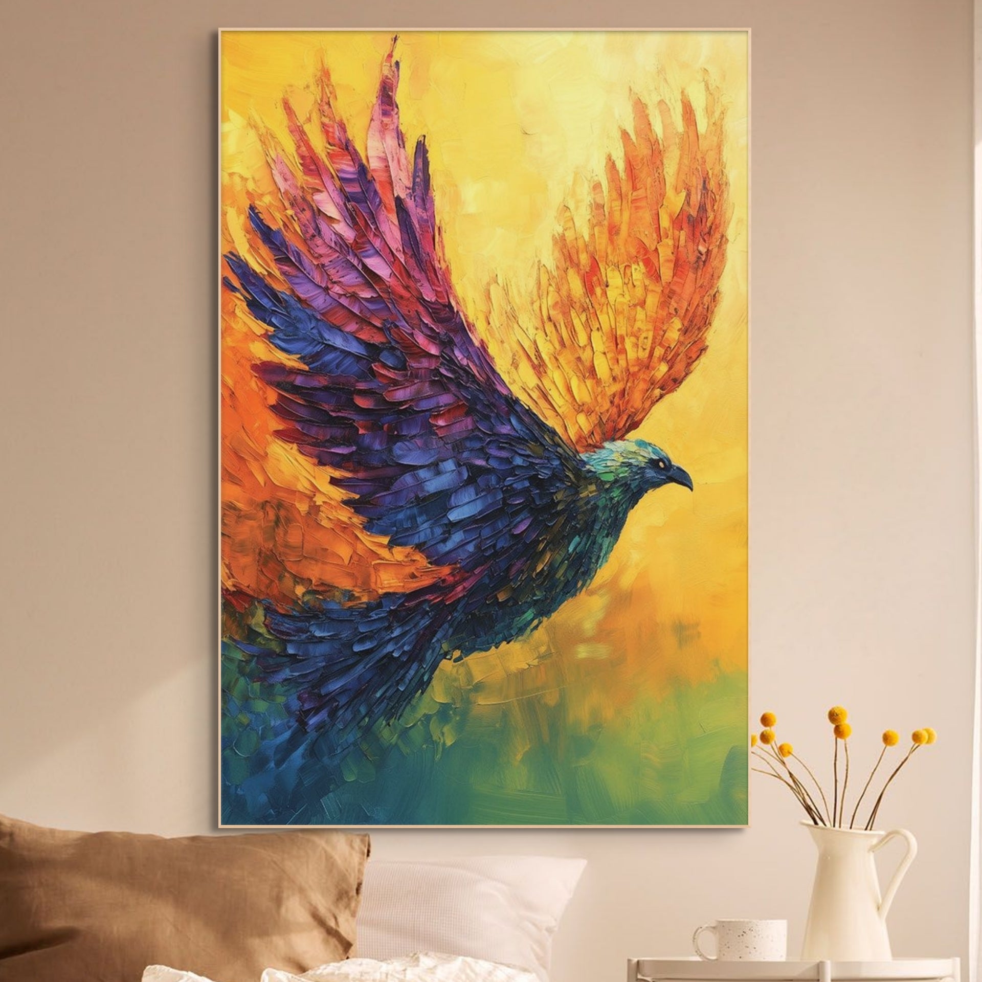 FLIGHT OF FANCY: Colorful Bird in Flight Painting with Textured Impasto