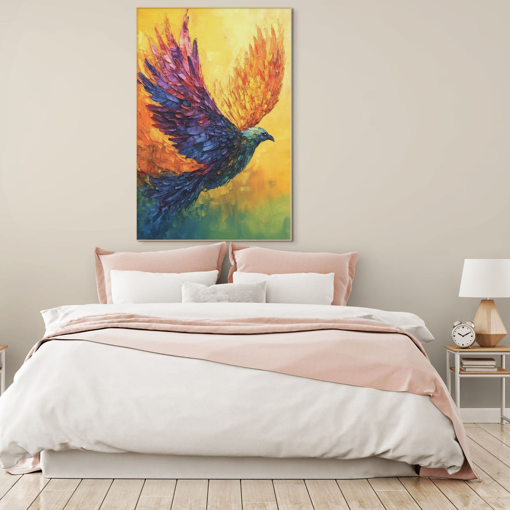 FLIGHT OF FANCY: Colorful Bird in Flight Painting with Textured Impasto