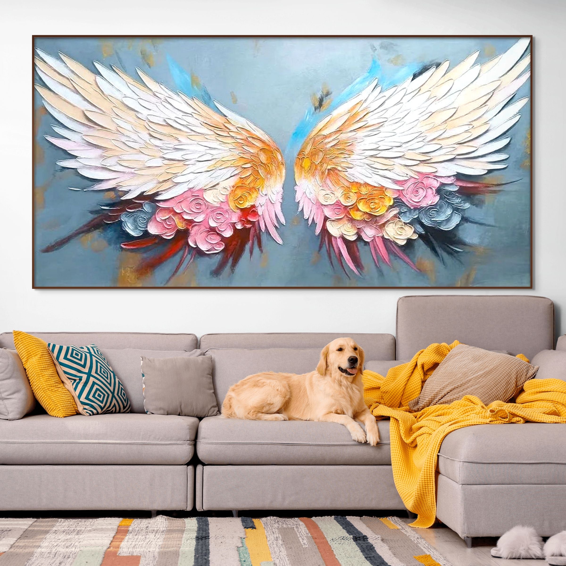 FLORAL FLIGHT: Textured Wings With Vibrant Flowers On Soft Grey Canvas