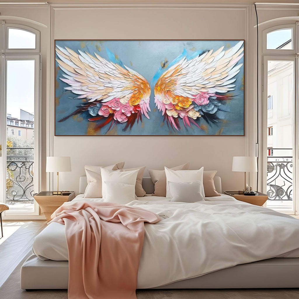 FLORAL FLIGHT: Textured Wings With Vibrant Flowers On Soft Grey Canvas
