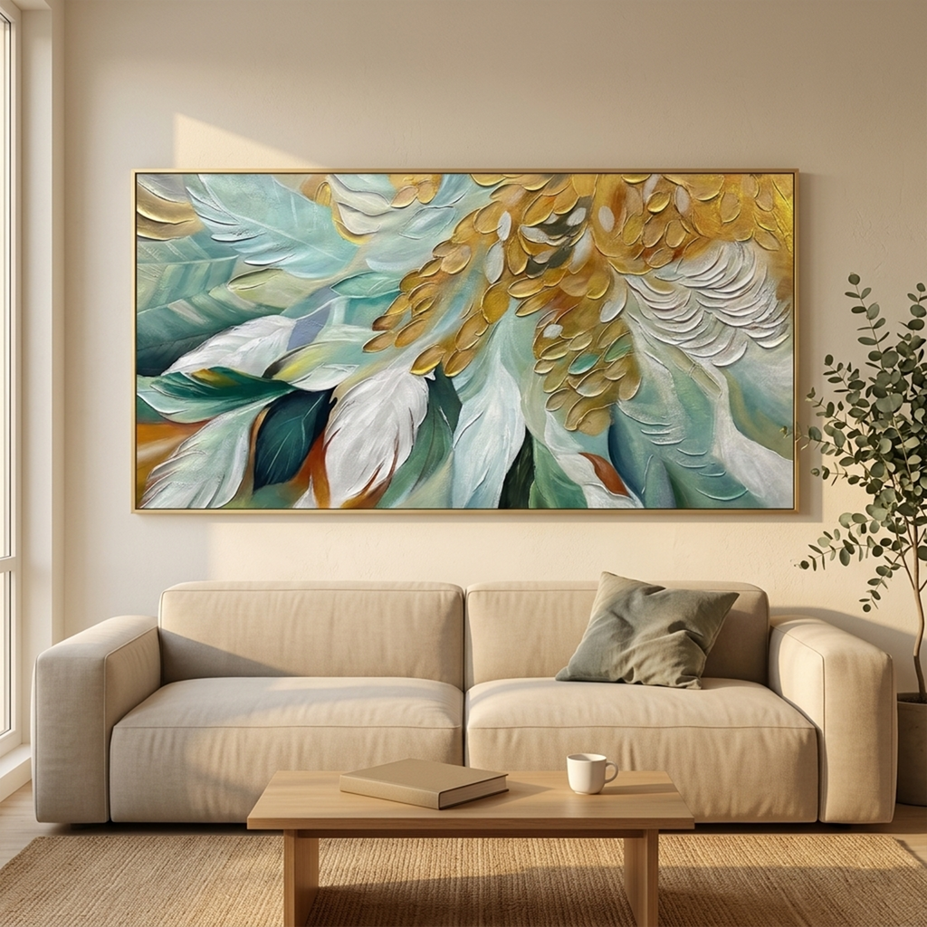 GILDED GARDEN: Green White Gold Floral Impasto Oil Painting