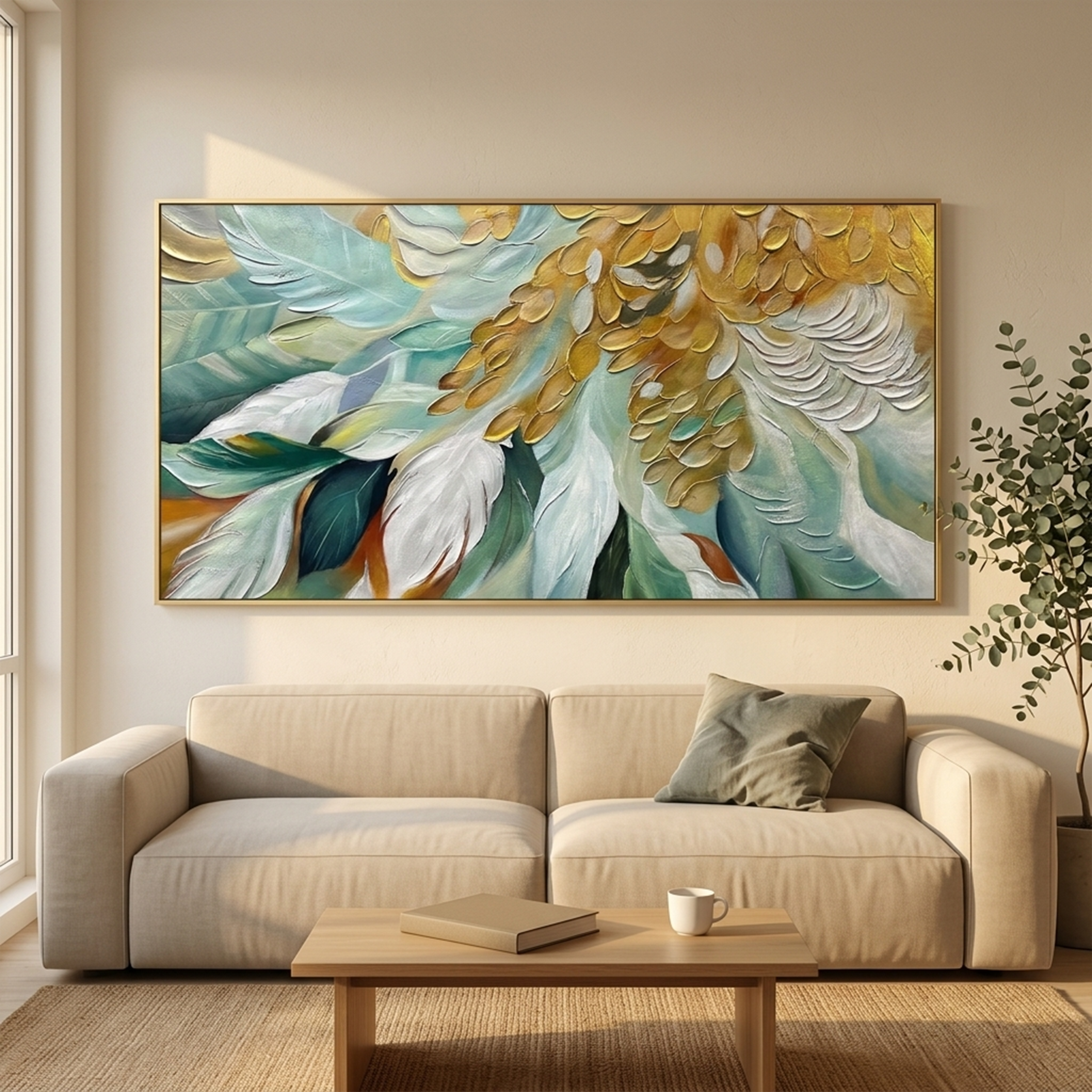 GILDED GARDEN: Green White Gold Floral Impasto Oil Painting