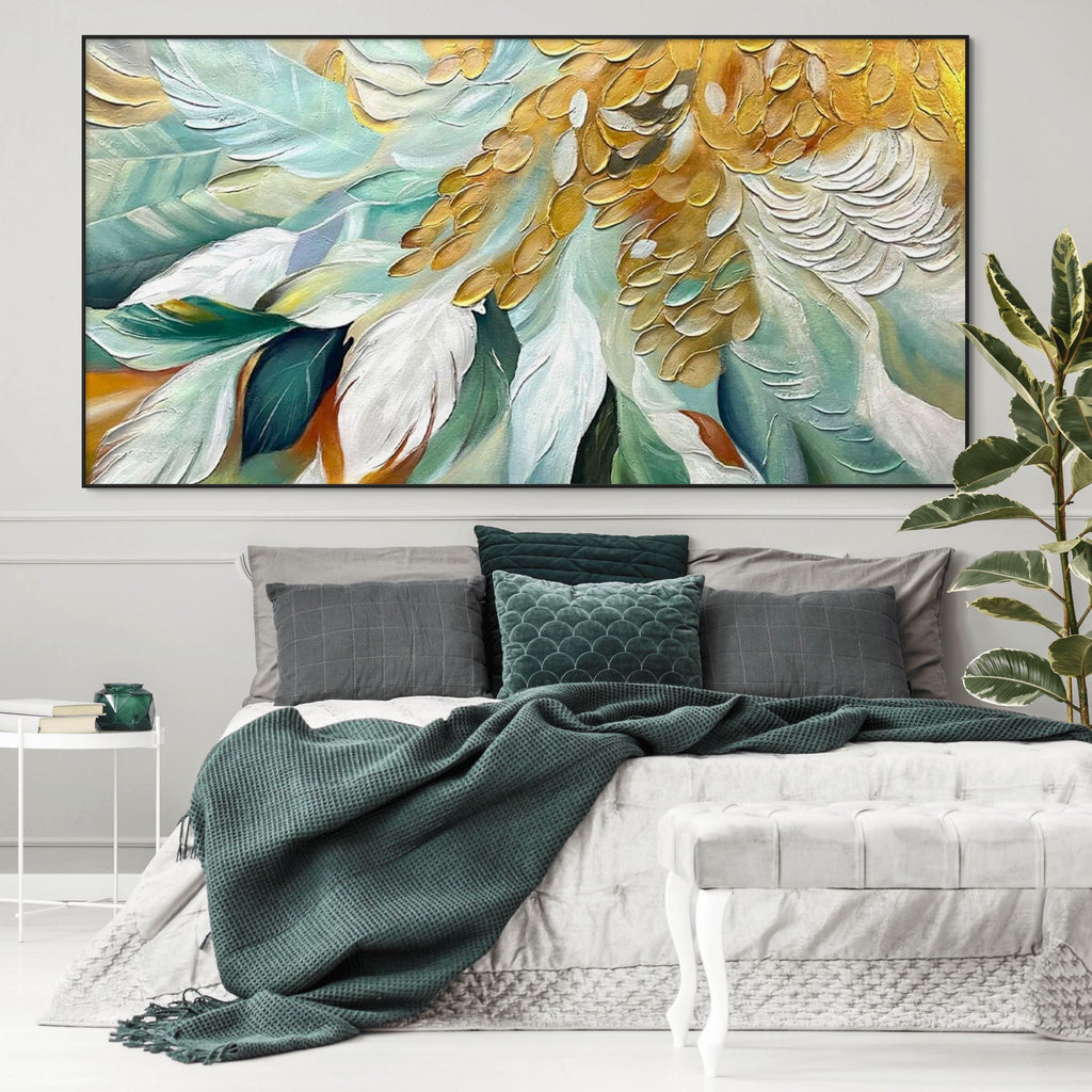 GILDED GARDEN: Green White Gold Floral Impasto Oil Painting