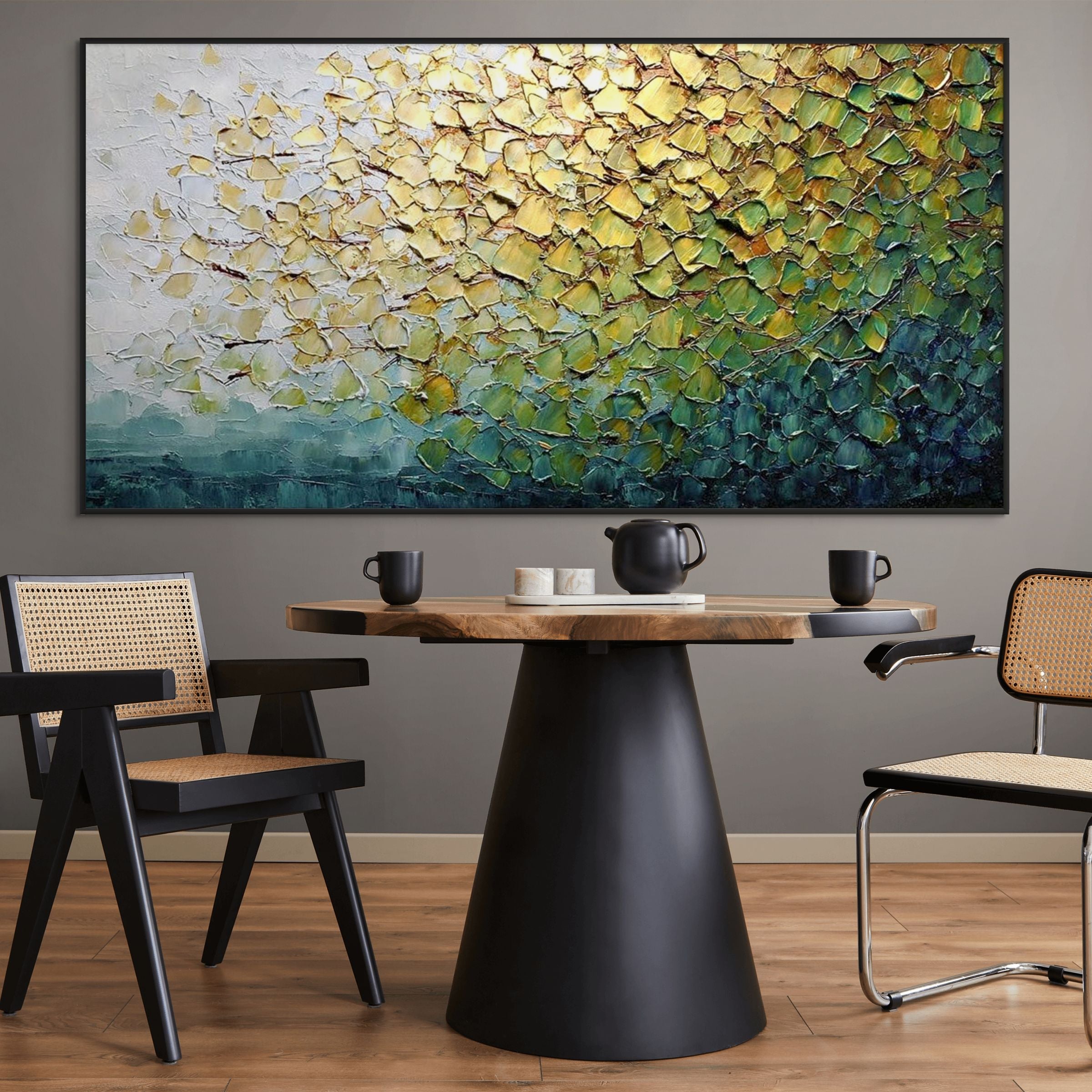 GOLDEN CANOPY: Impasto Shimmering Gold Leaf Verdant Greens Canvas