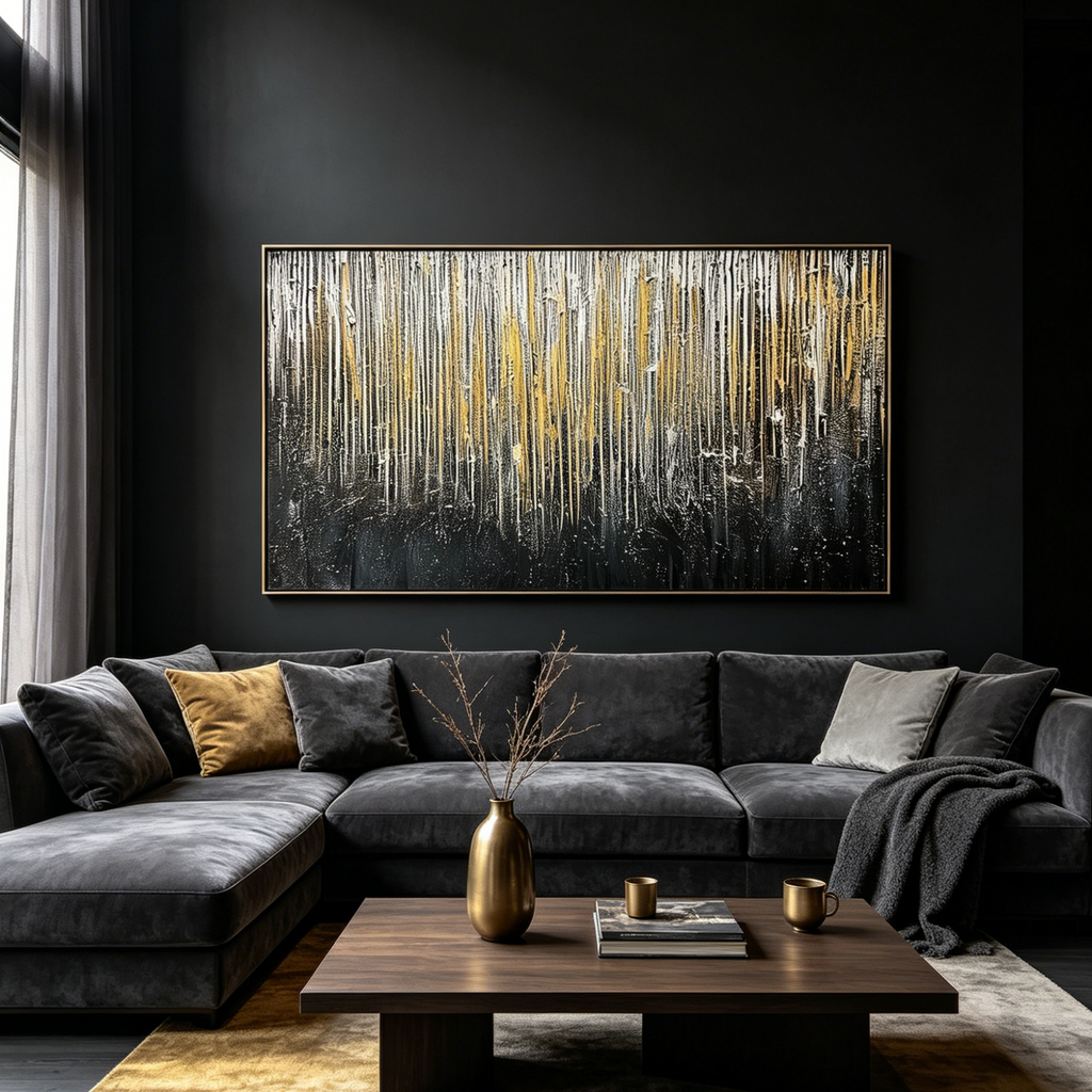 GOLDEN CASCADE: Impasto Liquid Gold Silver Midnight Rain Canvas