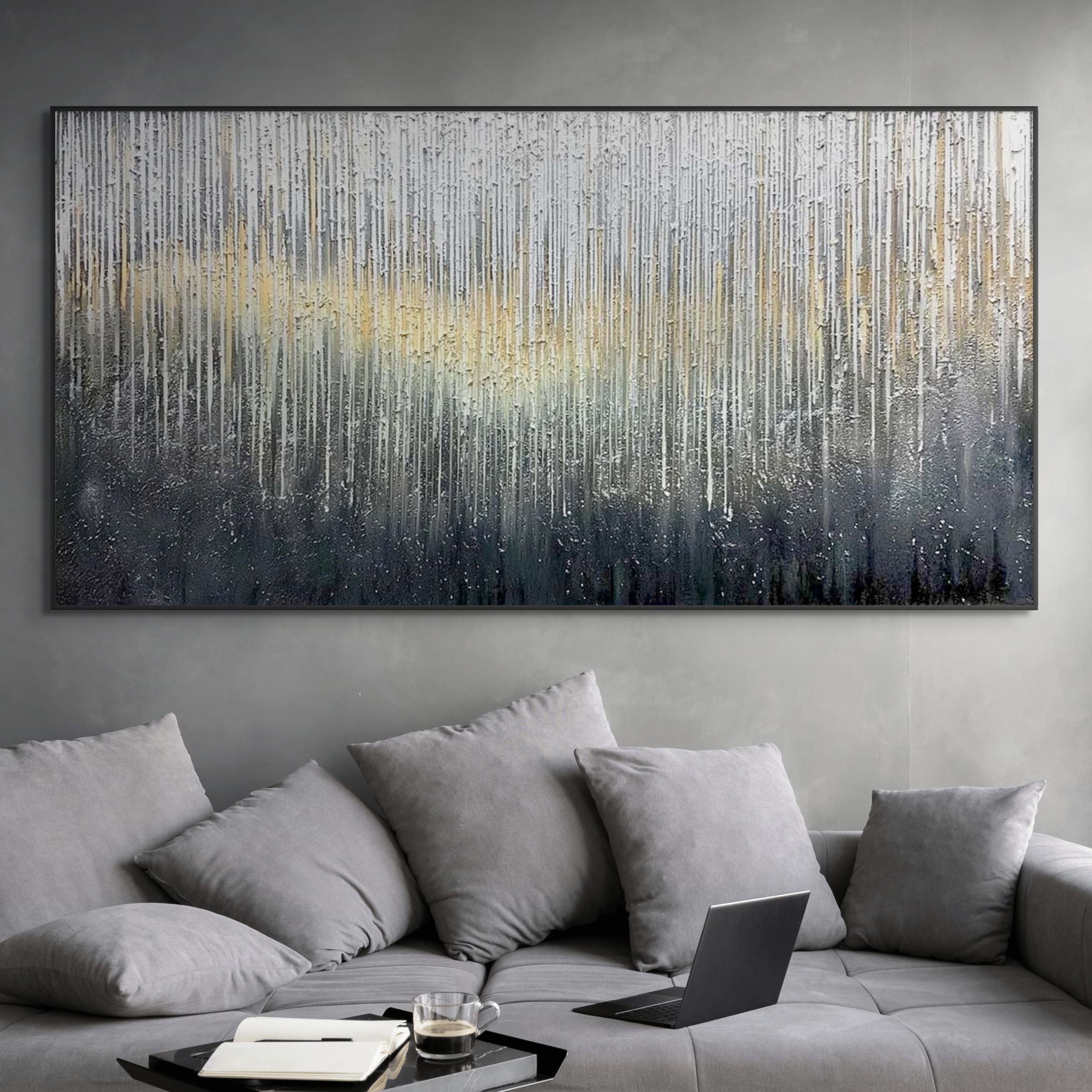 GOLDEN CASCADE: Impasto Silver White Downpour Gold River Canvas