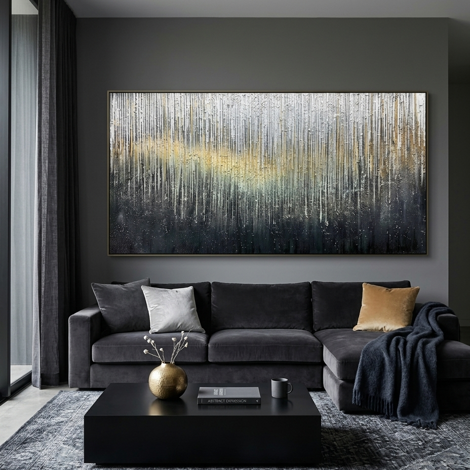 GOLDEN CASCADE: Impasto Silver White Downpour Gold River Canvas