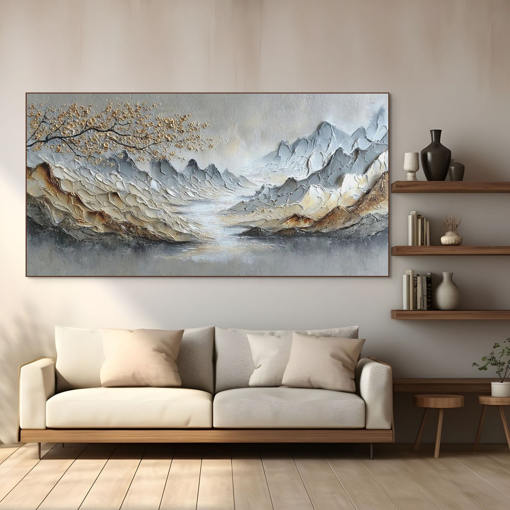 GOLDEN SERENITY: Impasto Sculpted Mountain Misty River And Gold Blossom Canvas