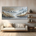 GOLDEN SERENITY: Impasto Sculpted Mountain Misty River And Gold Blossom Canvas