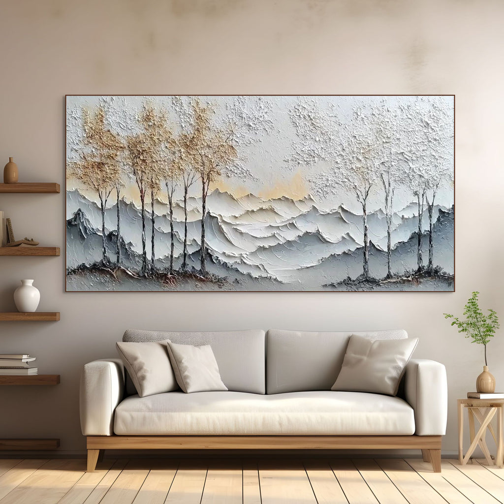 GOLDEN SILENCE: Thick Textured Wabi Sabi Mountain And Trees Canvas