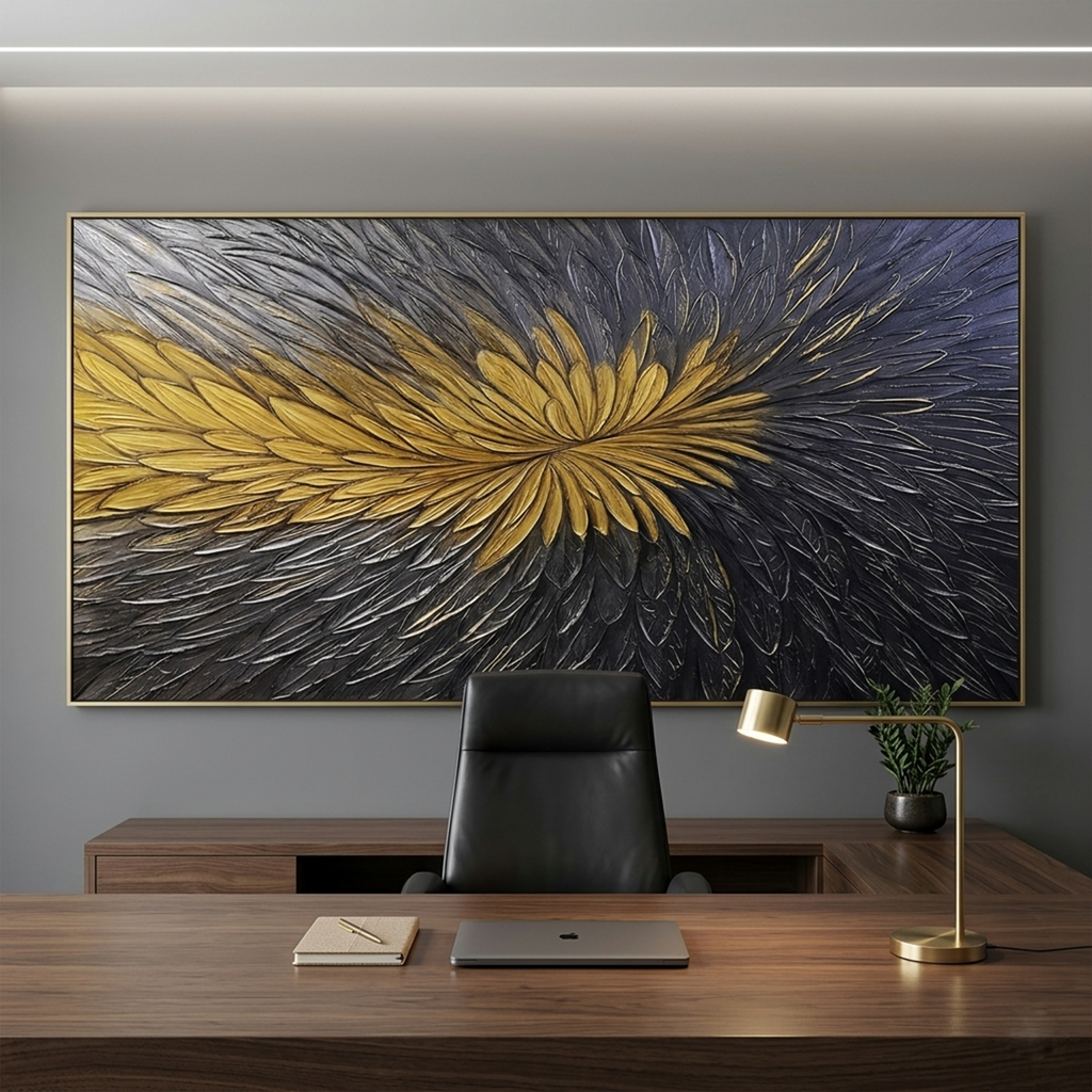 GOLDEN BLOOM: Textured Gold Black Abstract Floral Oil Painting