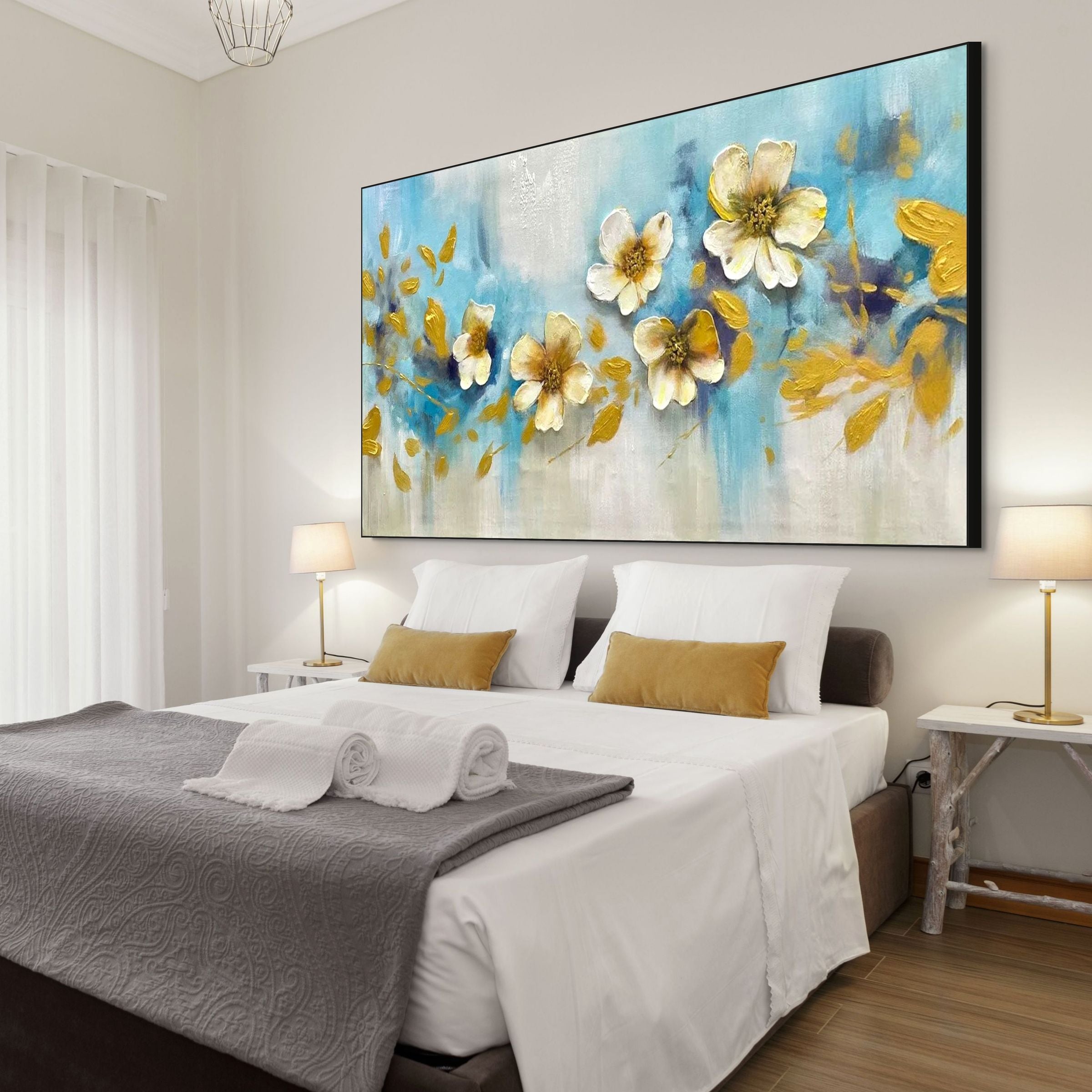 GOLDEN BLOSSOM DRIFT: Drifting Petals Gold Accent Painting
