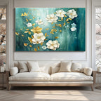 GOLDEN GARDEN: White Gold Floral Wall Art Blue Canvas Elegant Decor