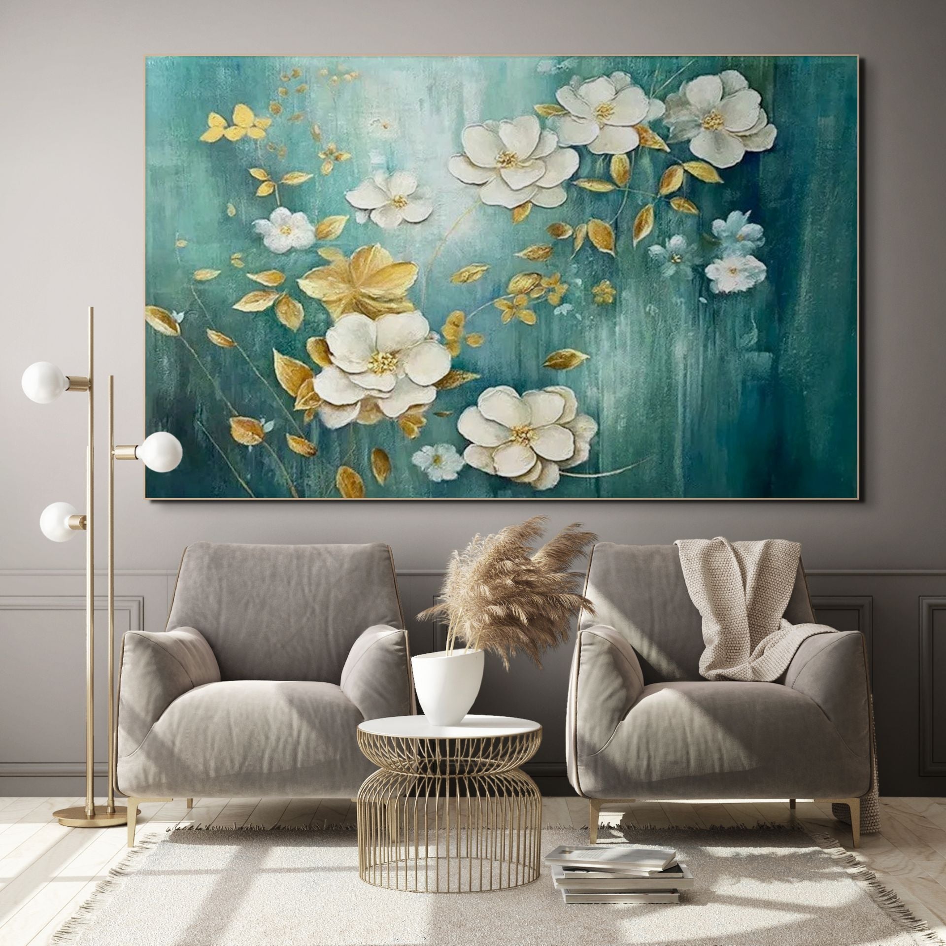 GOLDEN GARDEN: White Gold Floral Wall Art Blue Canvas Elegant Decor