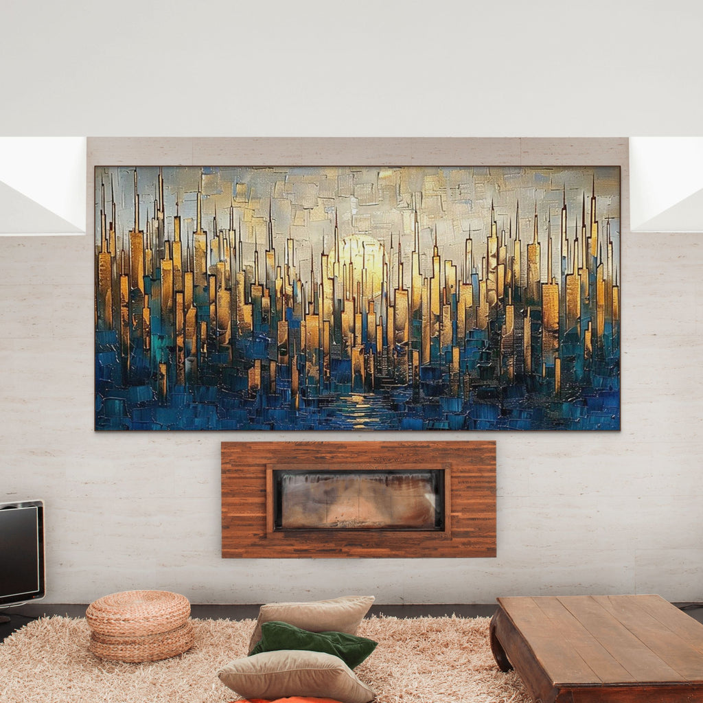 GOLDEN METROPOLIS: Gold Skyline Oil Painting