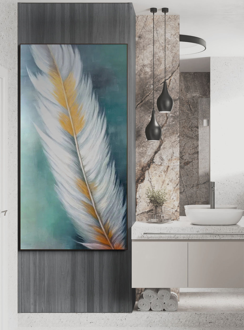 GOLDEN QUILL: Feather Wall Art White Gold Canvas Minimalist Decor