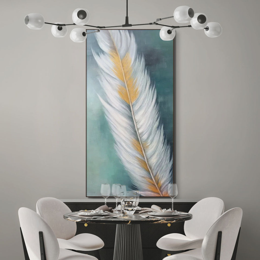 GOLDEN QUILL: Feather Wall Art White Gold Canvas Minimalist Decor