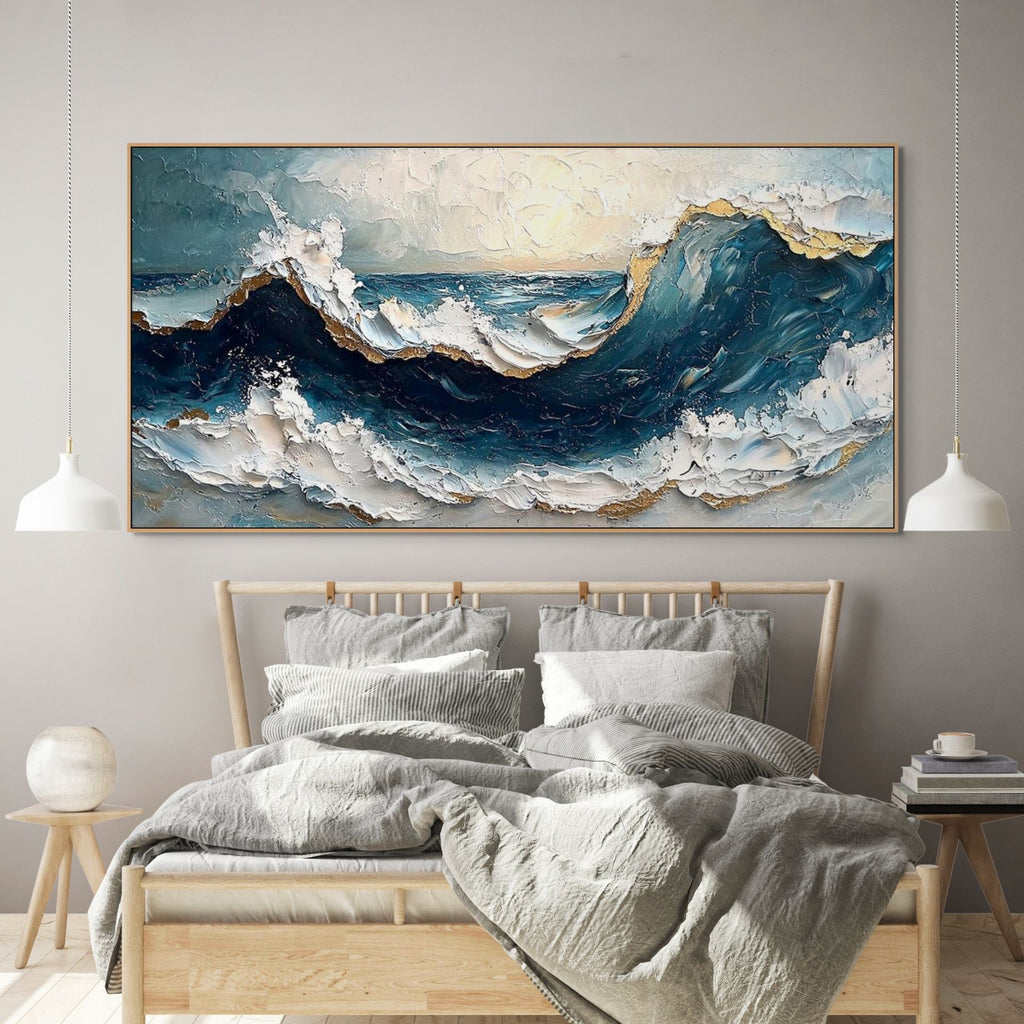 GOLDEN TIDE: Textured Impasto Gold Accents Dynamic Seascape Canvas