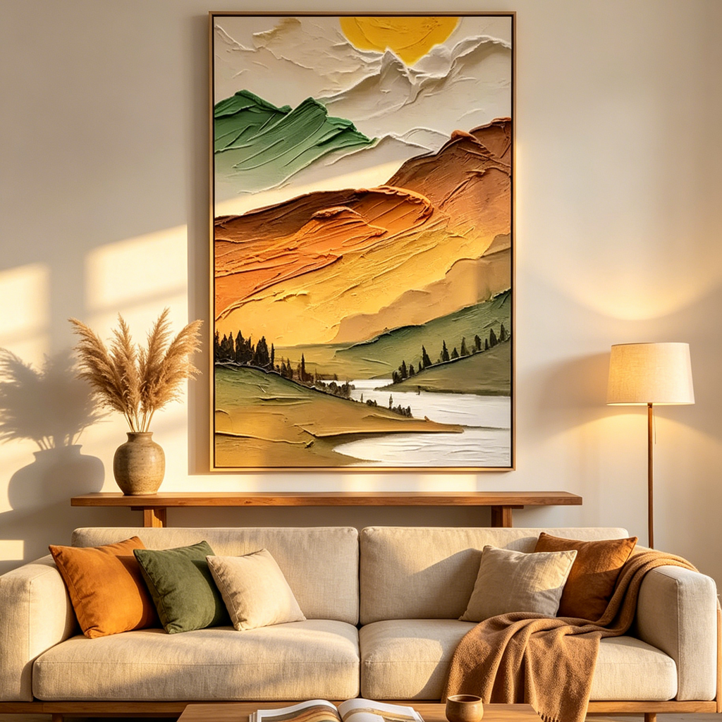 GOLDEN VALLEY: Textured Green Gold Orange Warm Mountain Landscape Canvas
