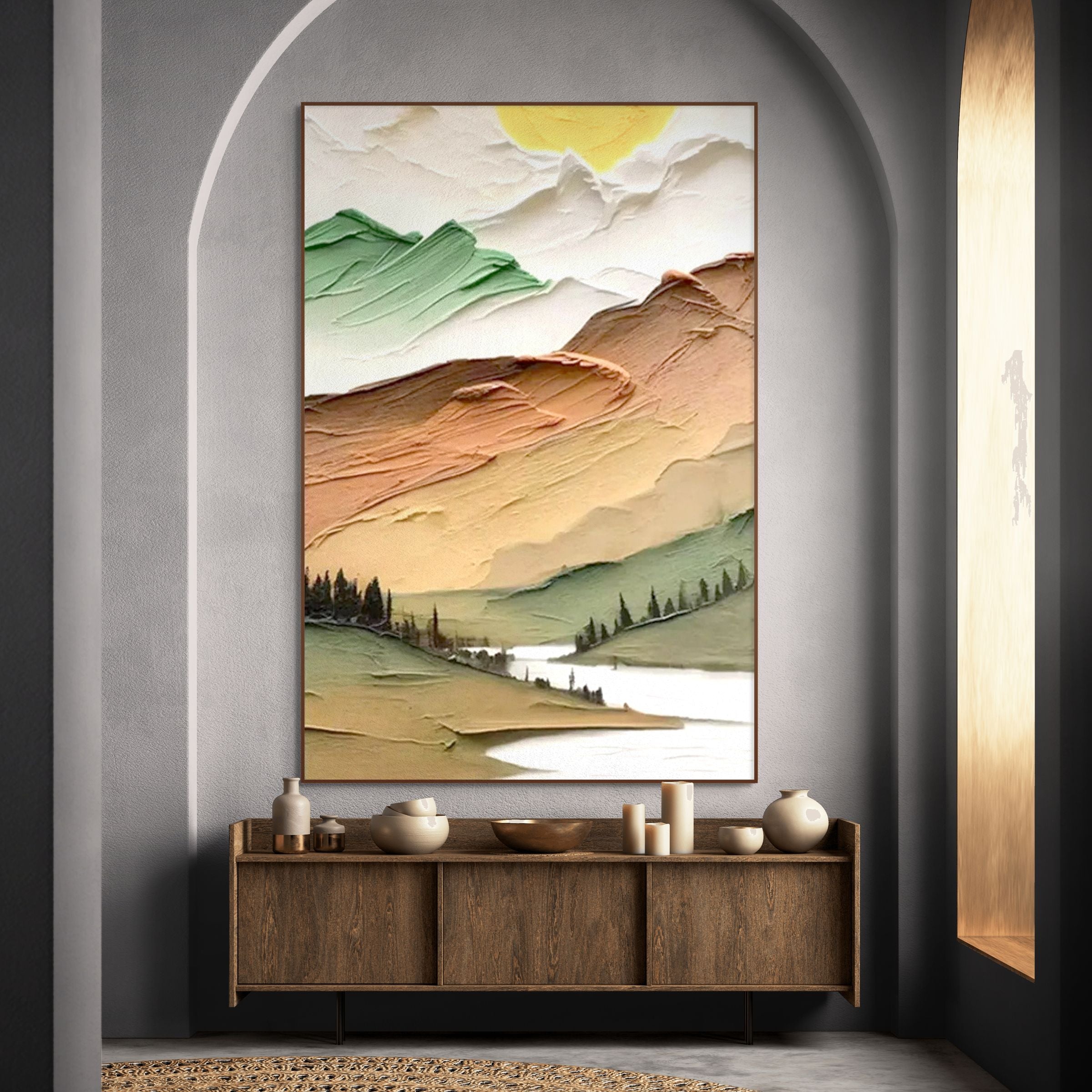 GOLDEN VALLEY: Textured Green Gold Orange Warm Mountain Landscape Canvas