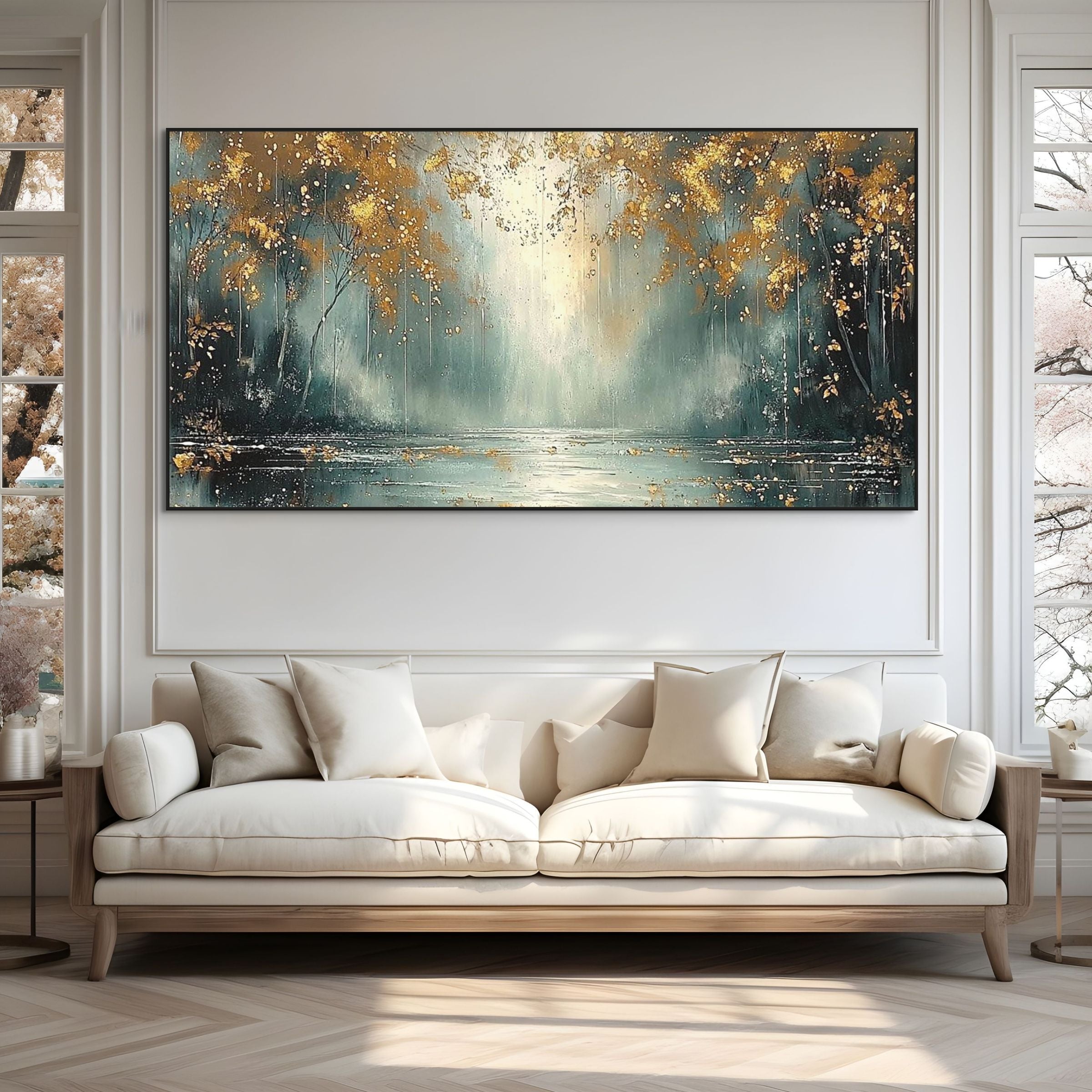 GOLDEN WHISPERS: Textured Misty Forest With Gold Accents Oil Canvas