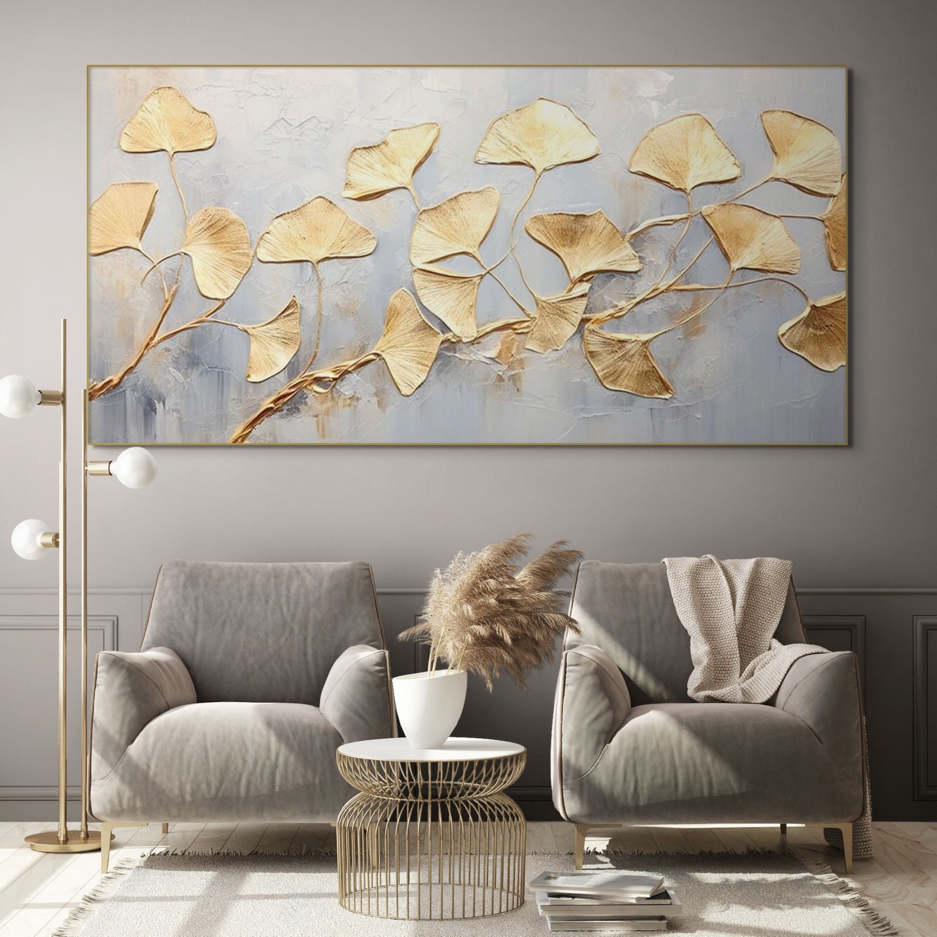 GOLDEN WHISPERS: Textured Metallic Leaf Oil Painting