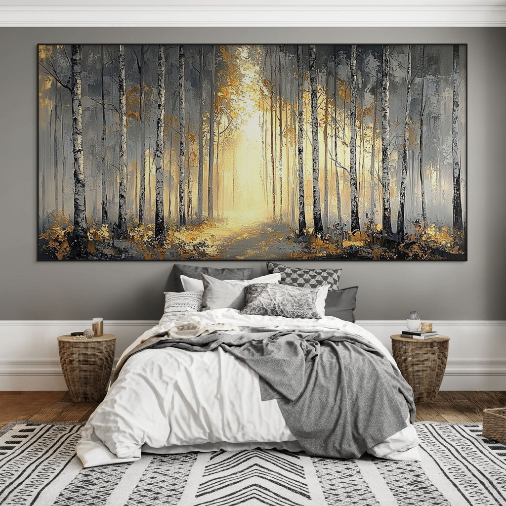 GOLDEN WOODS: Sunlit Forest Depth Light And Shadow Oil Painting