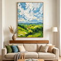 GREEN VALLEY VISTA: Impasto Lush Valley And Vibrant Sky Canvas