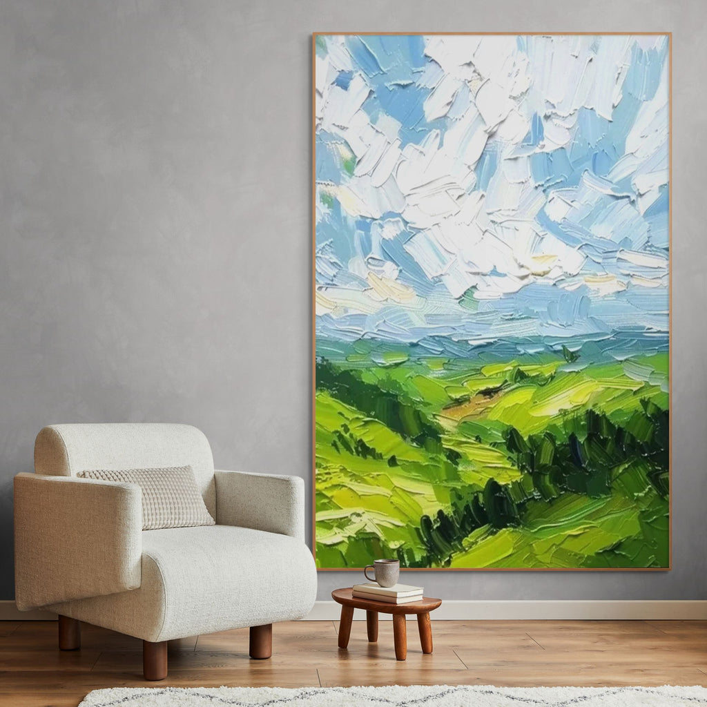 GREEN VALLEY VISTA: Impasto Lush Valley And Vibrant Sky Canvas