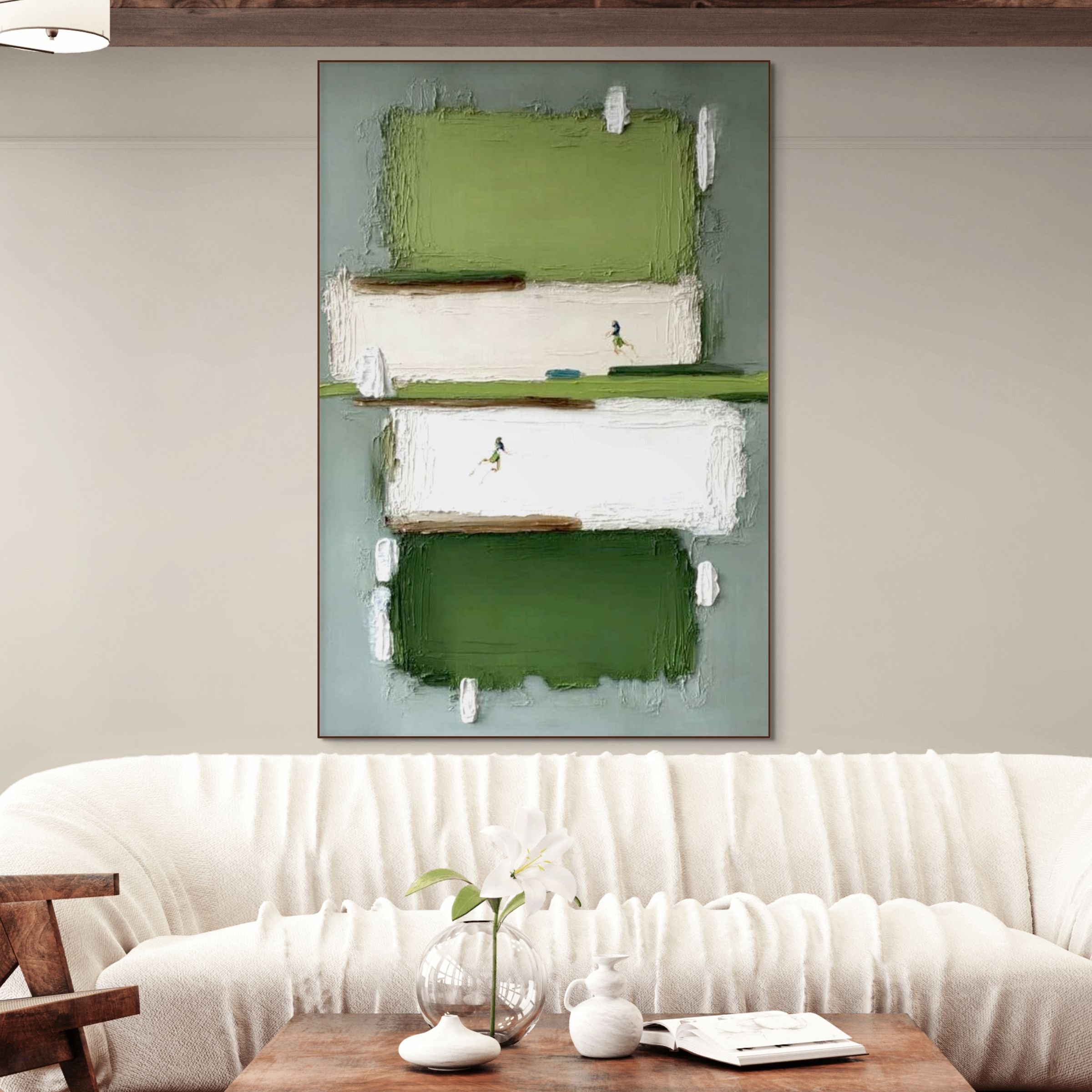 GREENFIELD DASH: Textured Abstract Sports Art Lush Green Energetic Motion