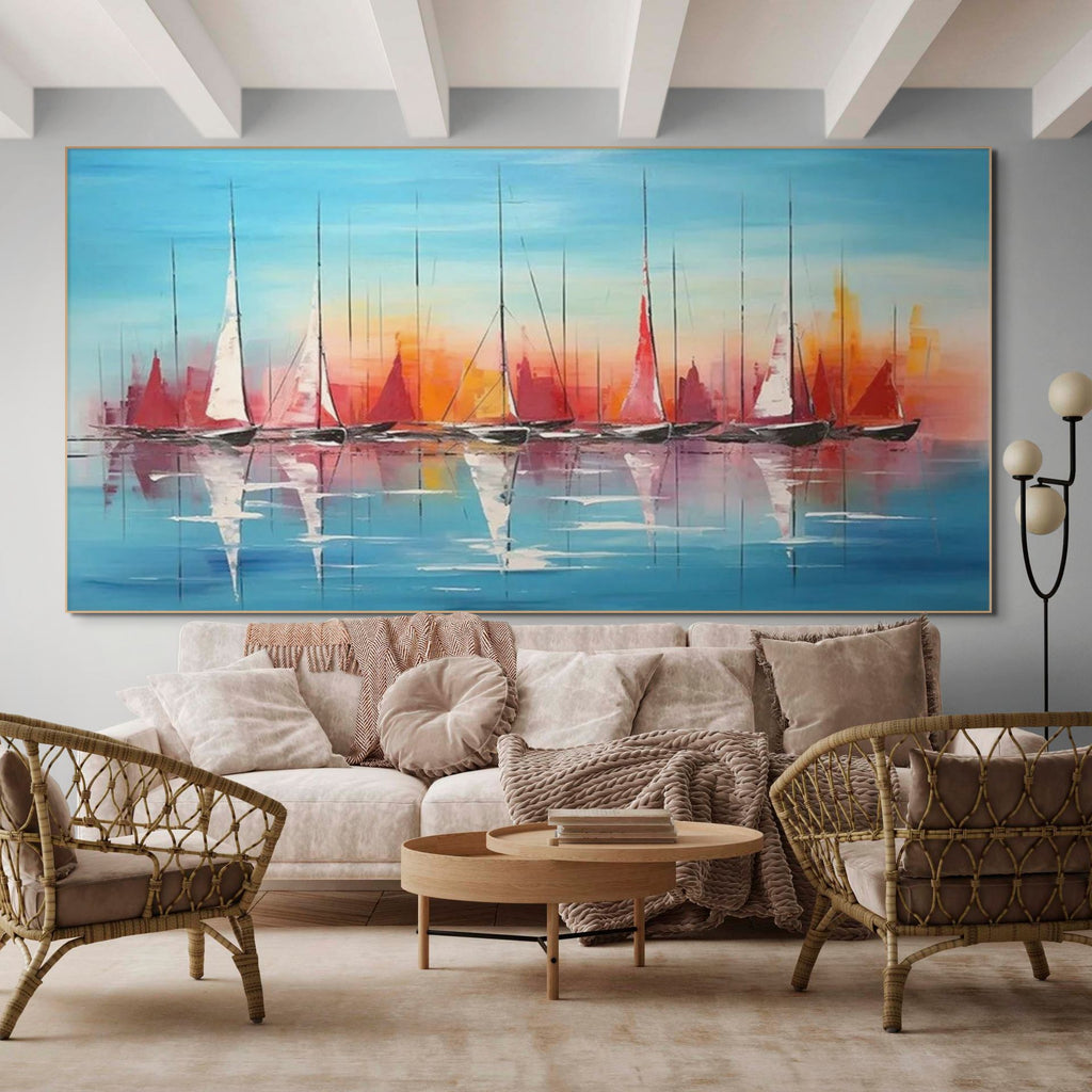 HARBOR SUNSET: Textured Sailboat Seascape Panoramic Wall Art