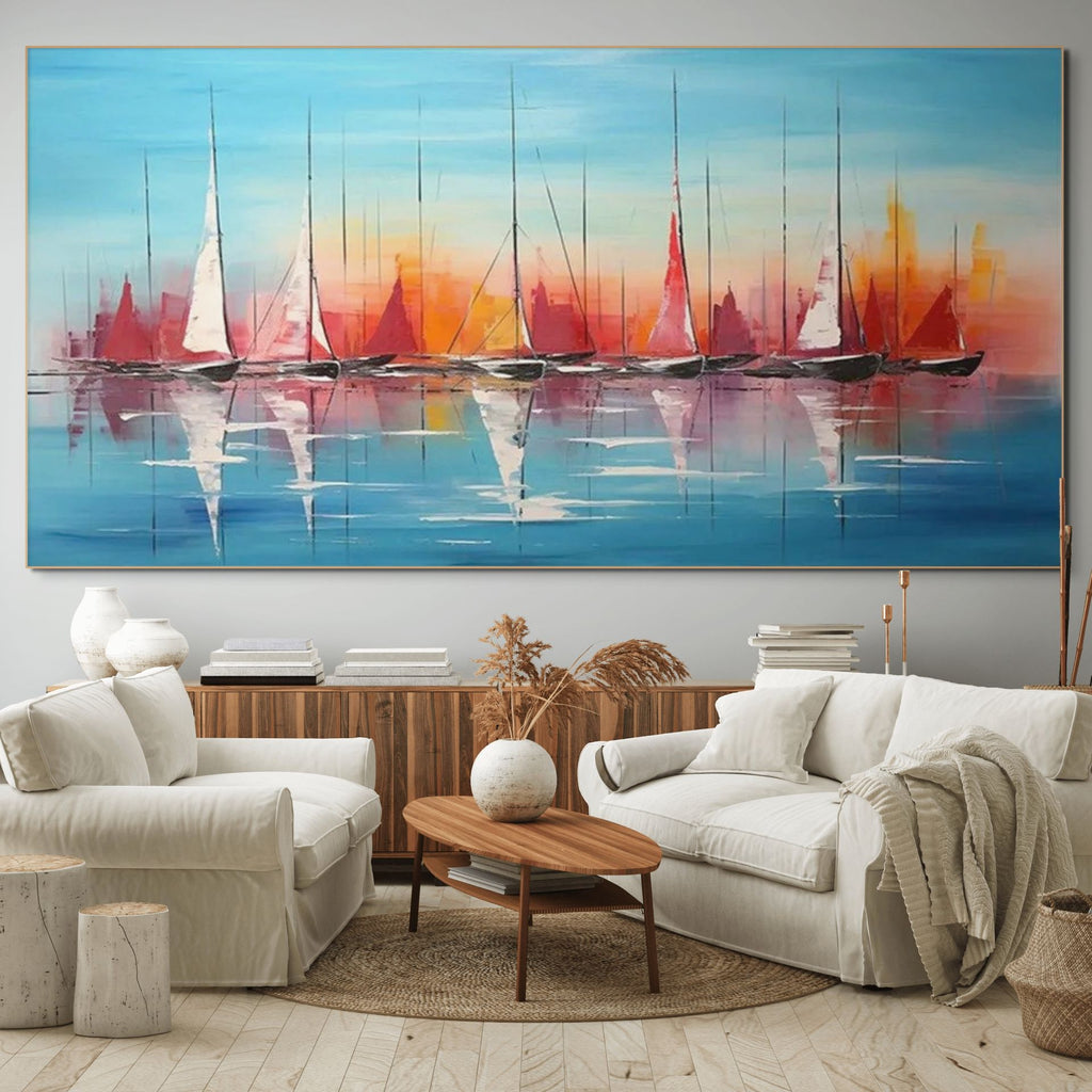 HARBOR SUNSET: Textured Sailboat Seascape Panoramic Wall Art