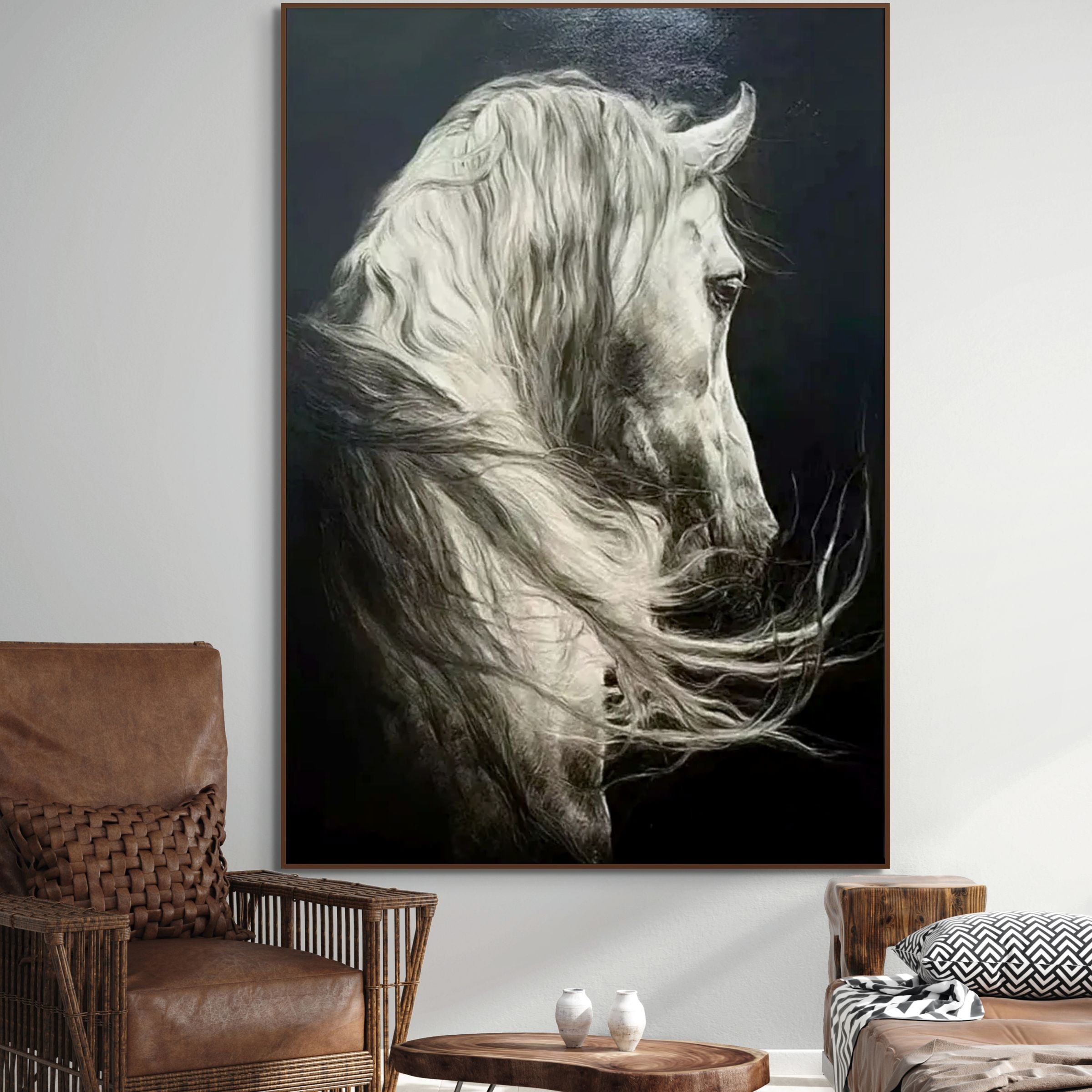 WHITE HORSE: Black and White Horse Wall Art Canvas