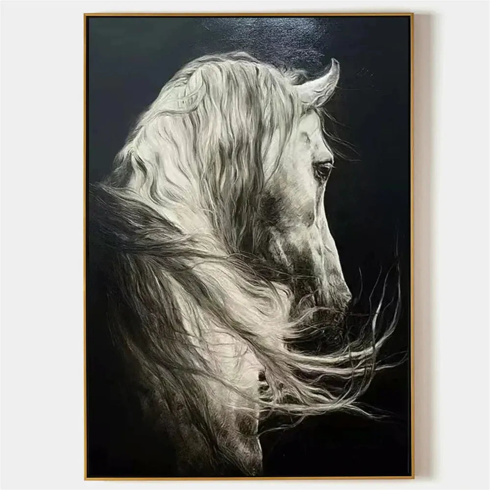 WHITE HORSE: Black and White Horse Wall Art Canvas