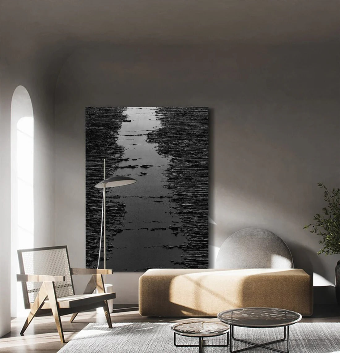 RIPPLED EBONY CASCADE: Black Minimalist Textured Wall Art
