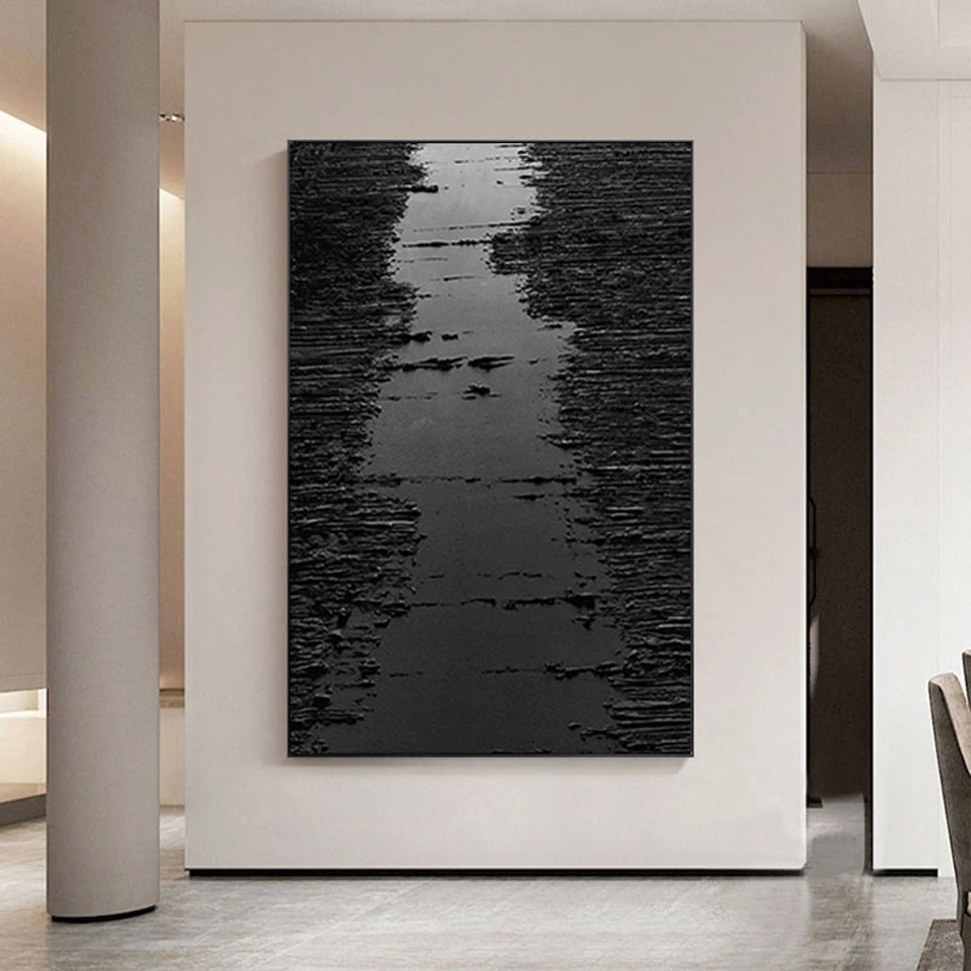 RIPPLED EBONY CASCADE: Black Minimalist Textured Wall Art