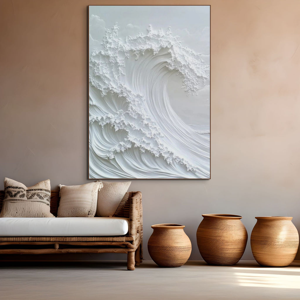 OCEAN WHISPER: White Textured Wave Wall Art