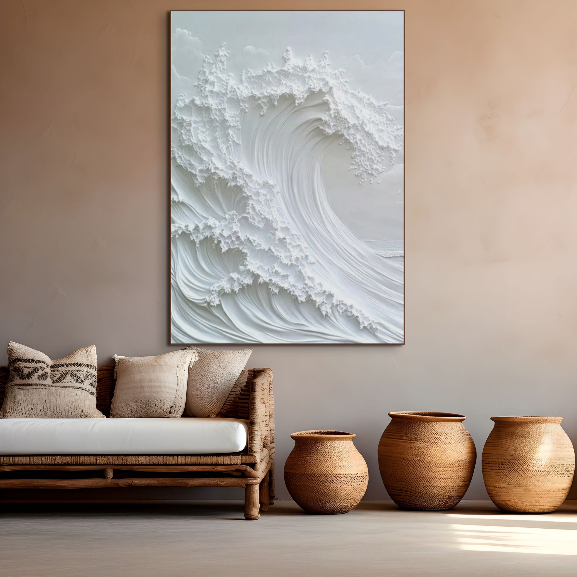 OCEAN WHISPER: White Textured Wave Wall Art