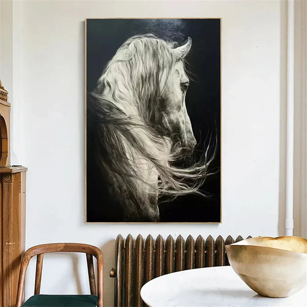 WHITE HORSE: Black and White Horse Wall Art Canvas