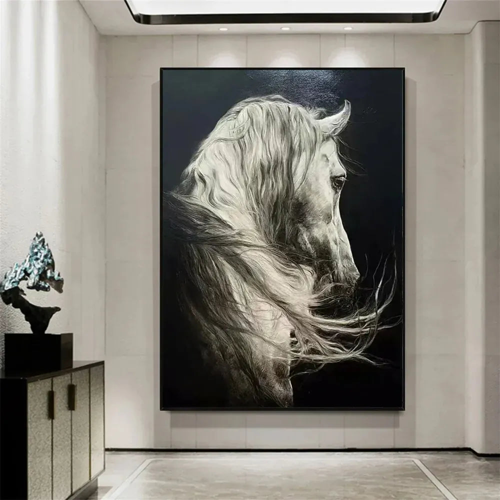 WHITE HORSE: Black and White Horse Wall Art Canvas