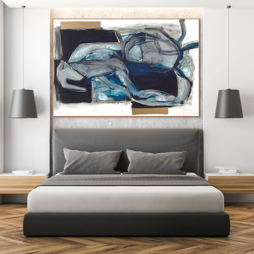 INDIGO DREAMSCAPE: Textured Impasto Deep Indigo Shimmering Gold Canvas