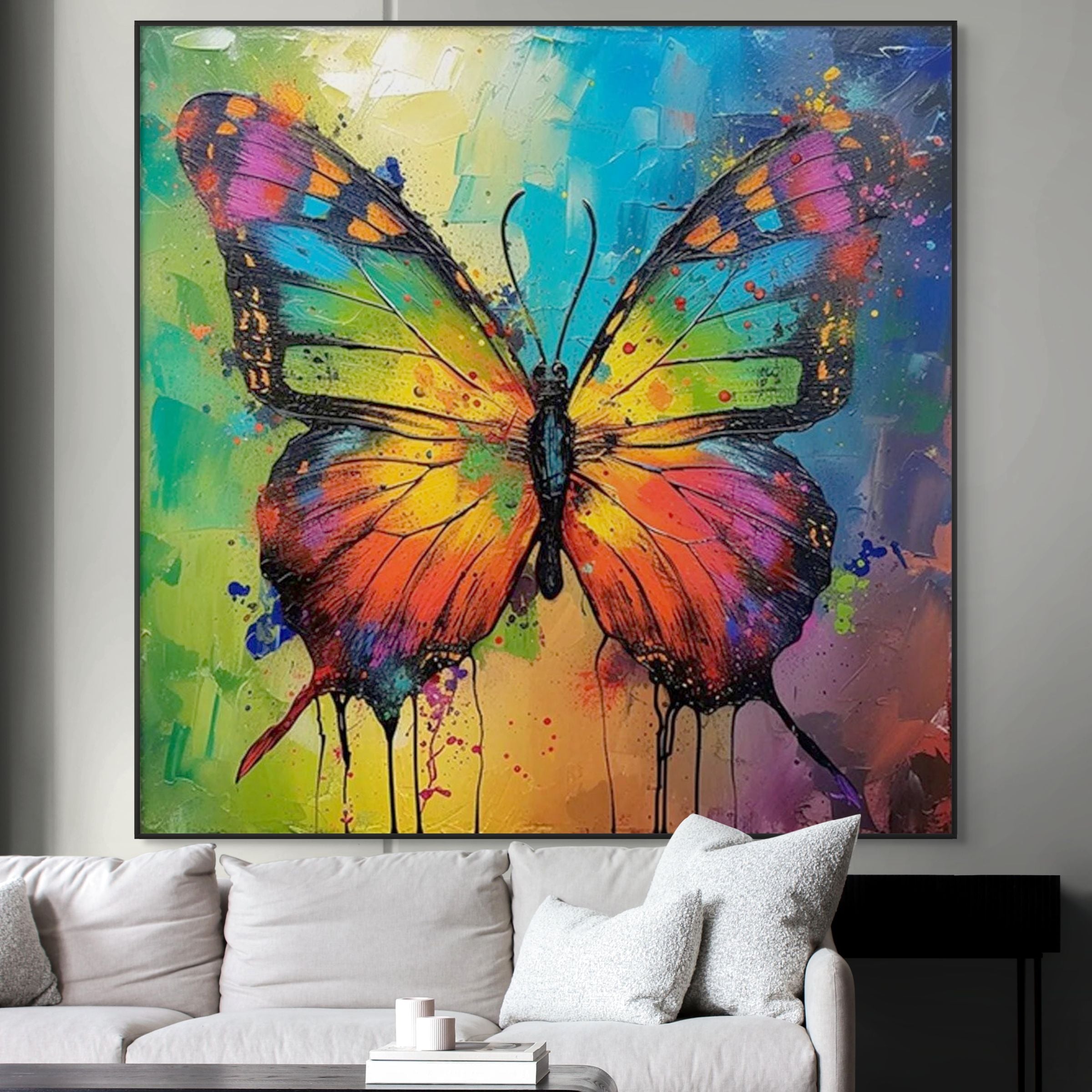 IRIDESCENT WINGS: Textured Square Colorful Butterfly Oil Painting