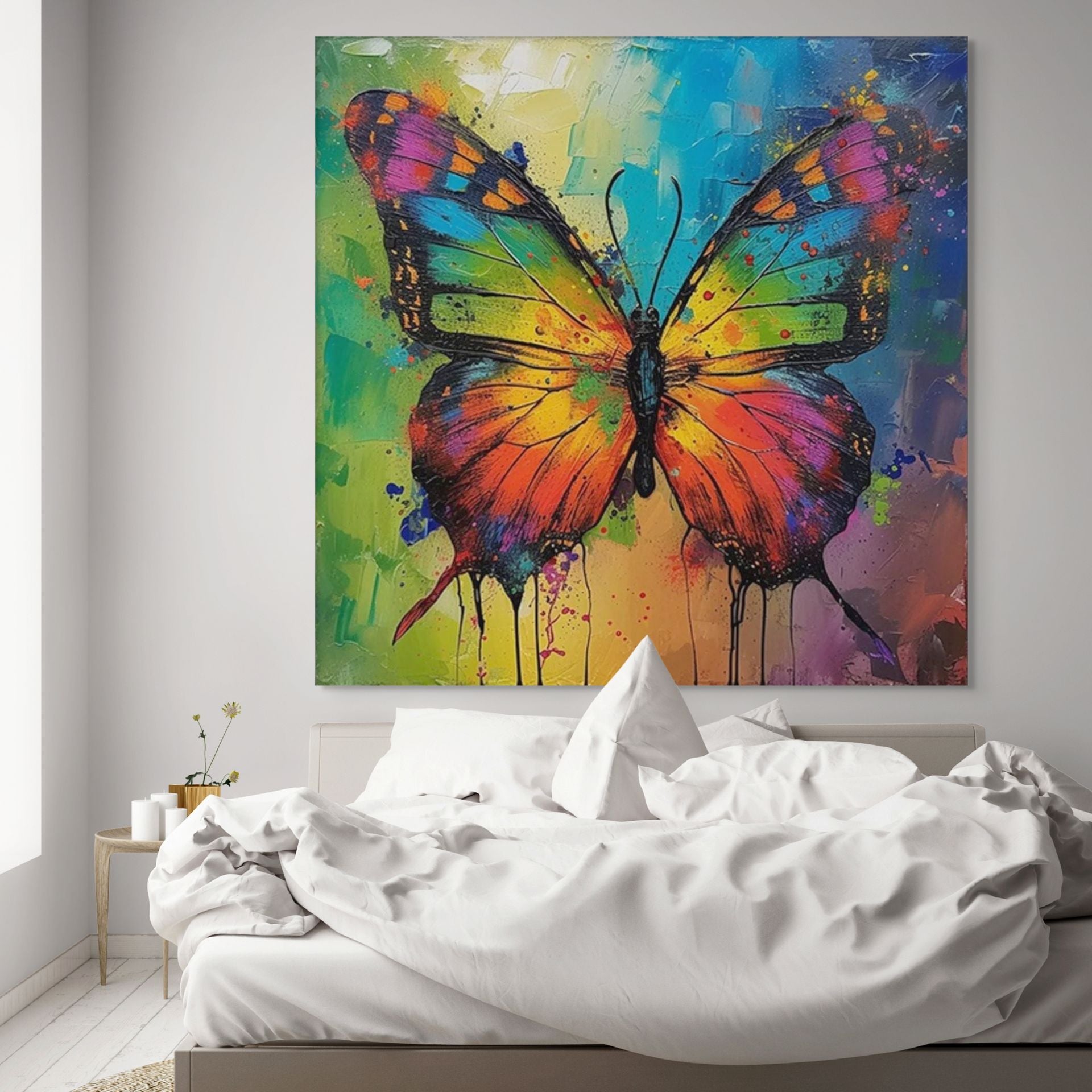 IRIDESCENT WINGS: Textured Square Colorful Butterfly Oil Painting