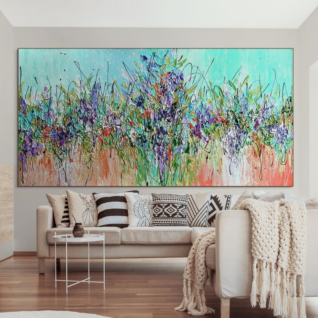 LILAC MEADOW: Panoramic Impasto Floral Art Wildflower Field