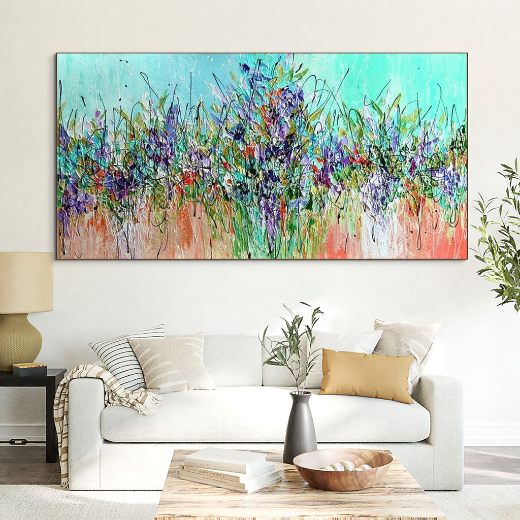 LILAC MEADOW: Panoramic Impasto Floral Art Wildflower Field